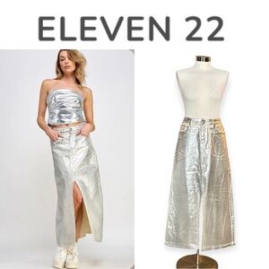 ELEVEN 22 SILVER COATED LIQUID METAL HIGH RISE A LINE STATEMENT MIDI SKIRT